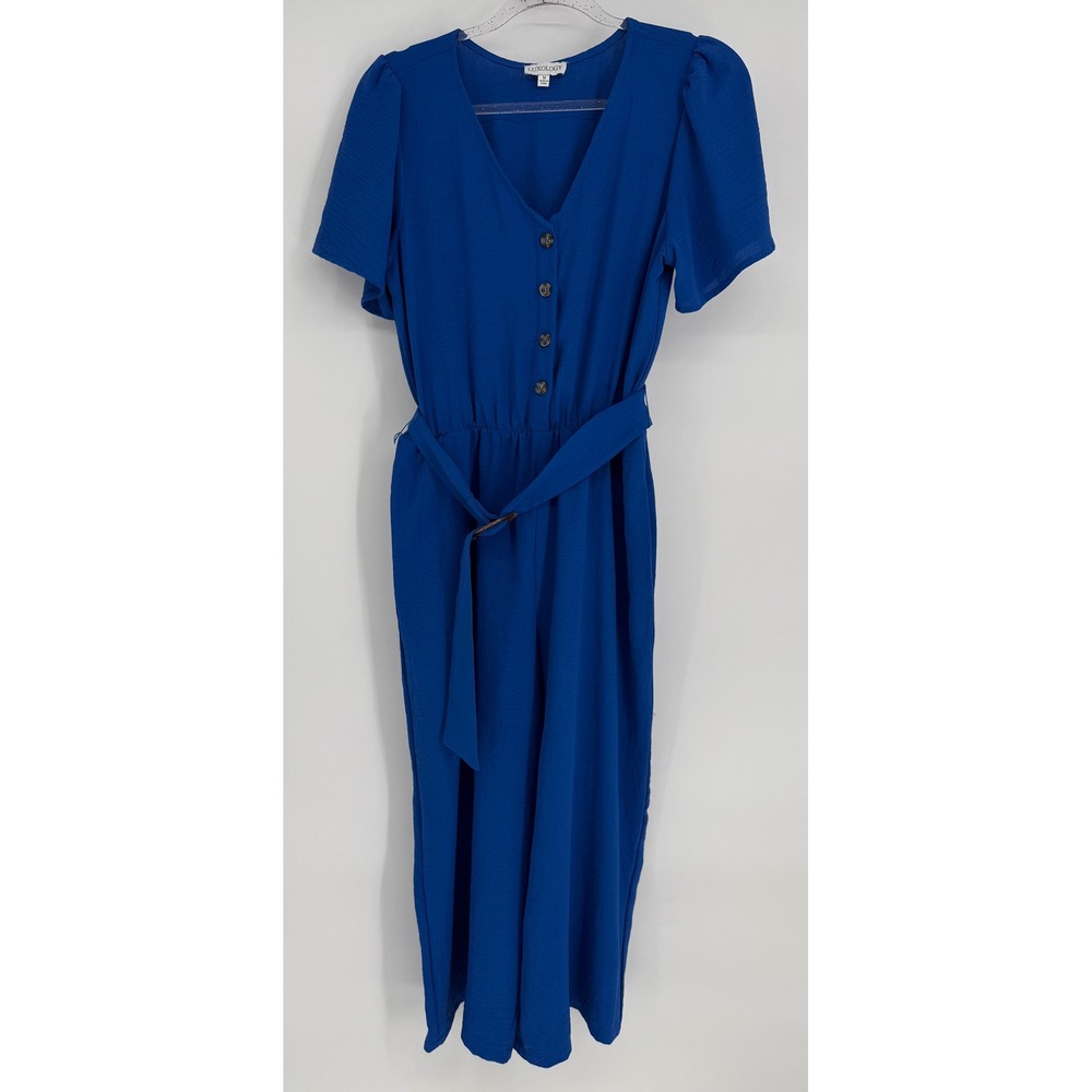 Luxology Womens Royal Blue Wide Leg Jumpsuit Short Sleeve V-Neck Belted Sz M